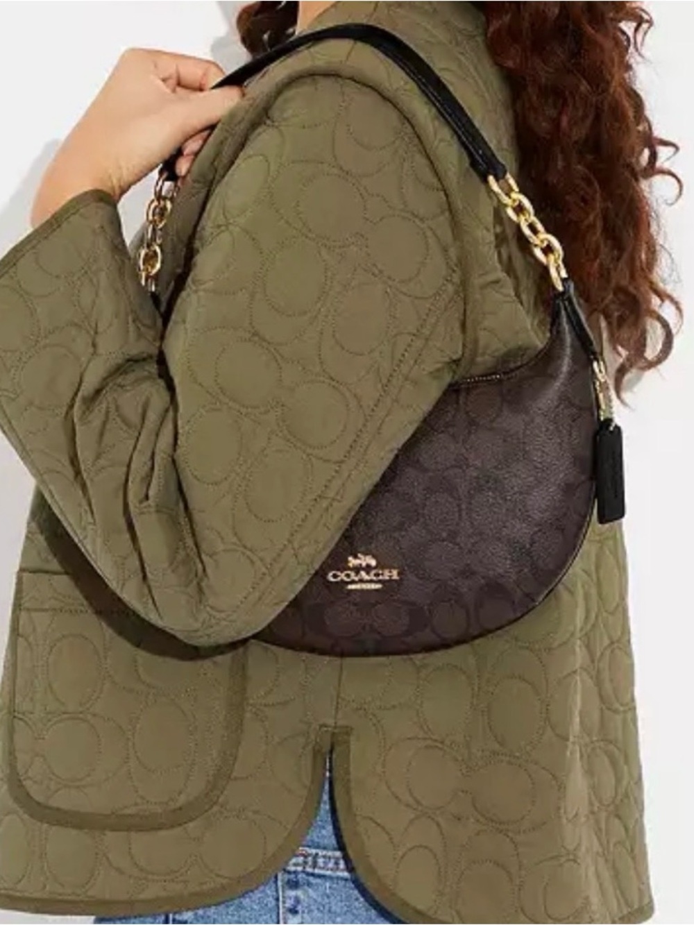 Coach Dark Brown Signature Crescent Shoulder Bag with Gold Hardware